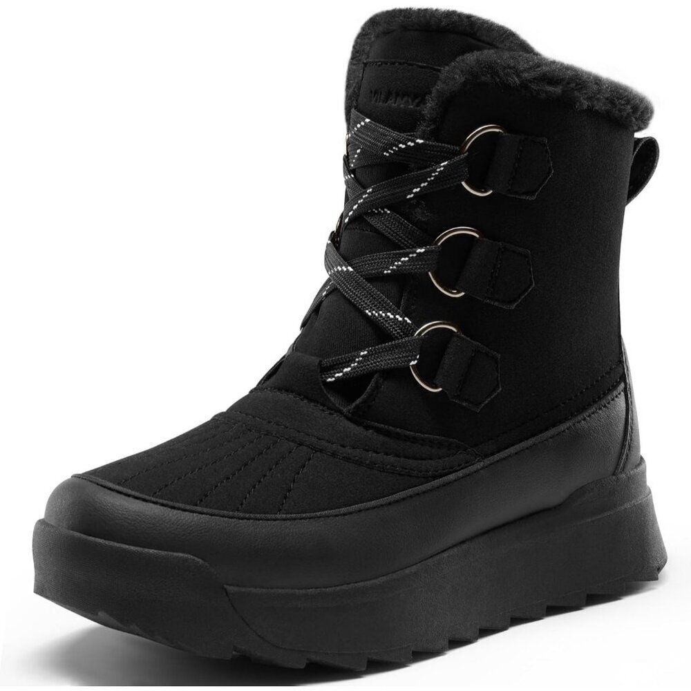 Women Black Faux Fur Collar Ankle Booties with Microfleece Lining Anti-Slip Sole